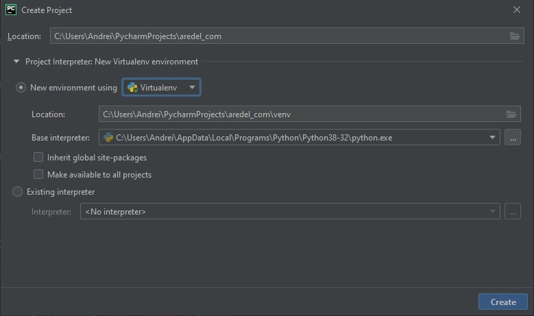 Выбор виртуального окружения при создании проекта в PyCharm www.eth1.ru
