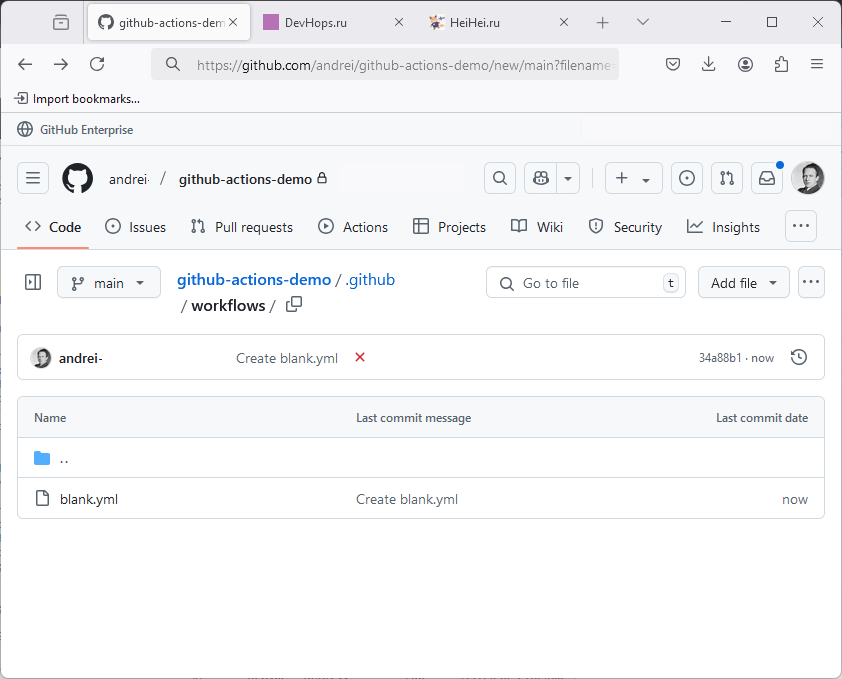 Создание simple workflow github actions изображение с сайта www.devhops.ru